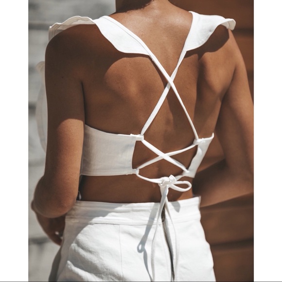 White Denim Ruffle Open Back Jumpsuit - Picture 7 of 8